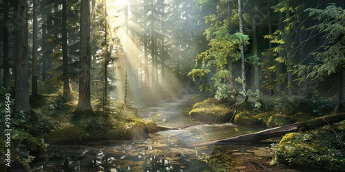 Mountain river creek among stones and trees in the middle reinforest in the morning