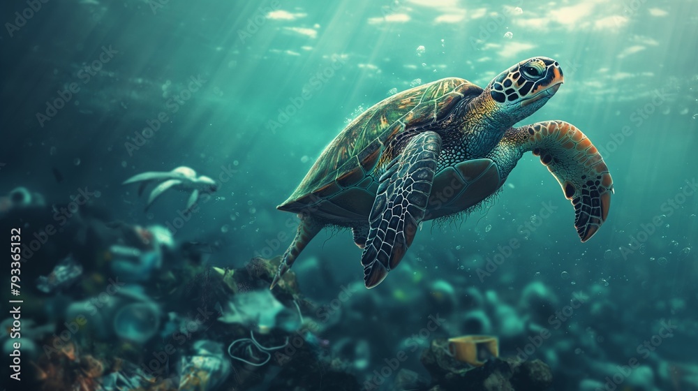 In an ecological perspective, a turtle avoids ocean debris, signifying the ecological issue of marine pollution.