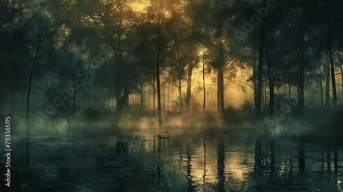 A forest with a foggy mist and a lake in the middle