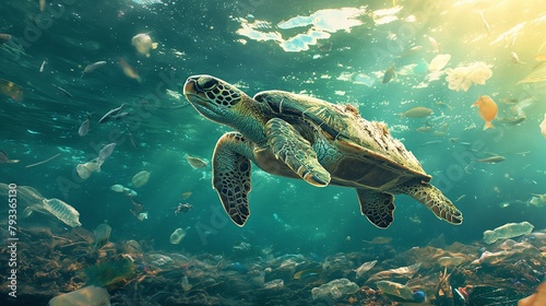A turtle retreats from ocean waste, spotlighting an ecological motif concerning marine pollution.