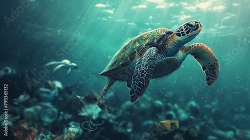 In an ecological perspective, a turtle avoids ocean debris, signifying the ecological issue of marine pollution.