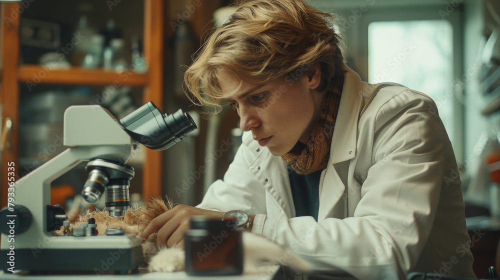 A veterinarian concentrating on examining a fluffy animal under a microscope in a clinic. A veterinarian concentrating on examining a fluffy animal under a microscope in a clinic.