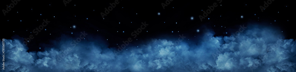 Obraz premium Black dark blue white starry cloudy night sky background. Above the clouds. Moonlight. Stars. Outer space universe infinity cosmos. Design. Dream. Fantasy. Christmas. Panorama. Wide.