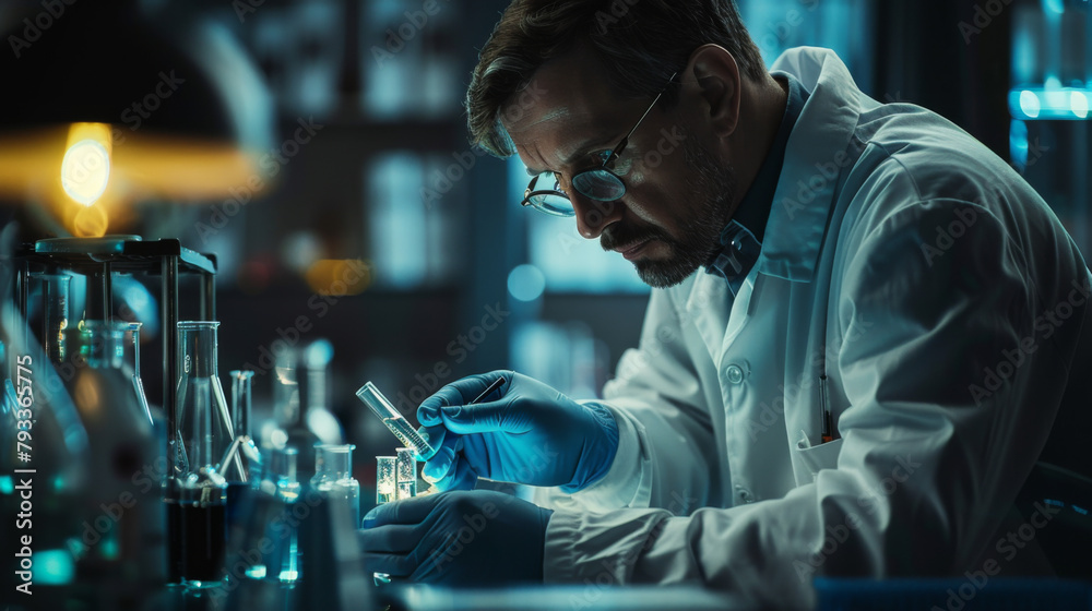 Virologist in lab examining a sample with pipette under blue light, surrounded by equipment