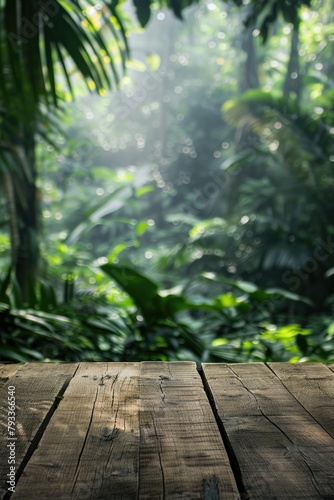 a blank wooden table with the lush green nature forest in background