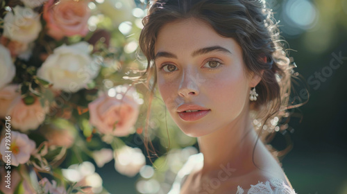 A bride with deep gaze surrounded by flowers  with soft  natural lighting highlighting her delicate features.