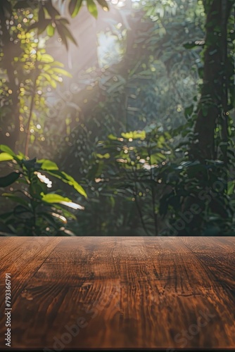 a blank wooden table with the lush green nature forest in background