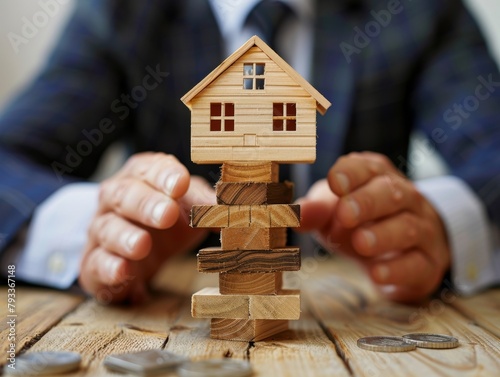 Bank officer or Insurance agency plugged into a wooden block. Risk Property housing insurance concept photo