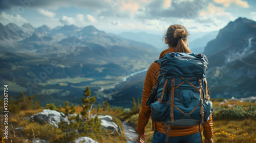 A woman hiking in the mountains gazes at the distant landscape.