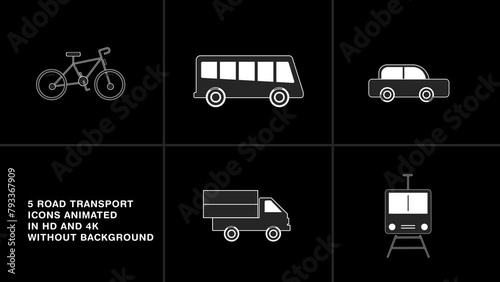 Road transport animated icons. including bus, bicycle, car, van and train. smooth animation for symbolizing the transportation. all 5 transport icons animated in single video clip without background.