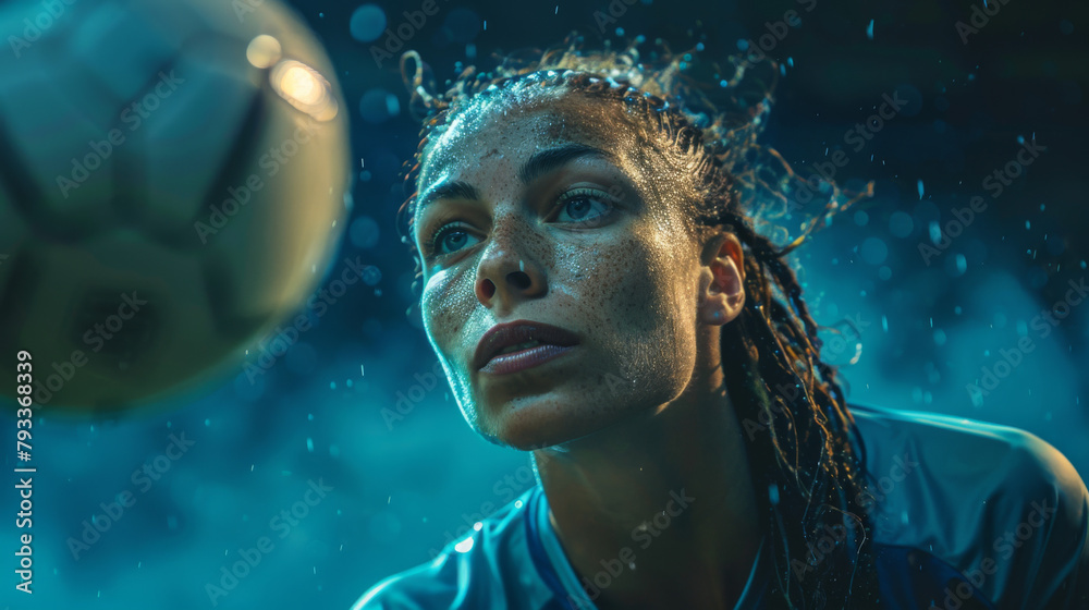 Focused woman soccer player practicing under striking blue lighting with water droplets suspended around her.