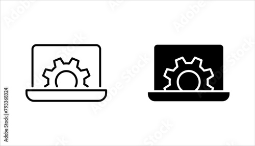 Technical support icon set. Computer service. Gears on screen laptop. vector illustration on white background