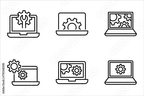 Technical support icon set. Computer service. Gears on screen laptop. vector illustration on white background