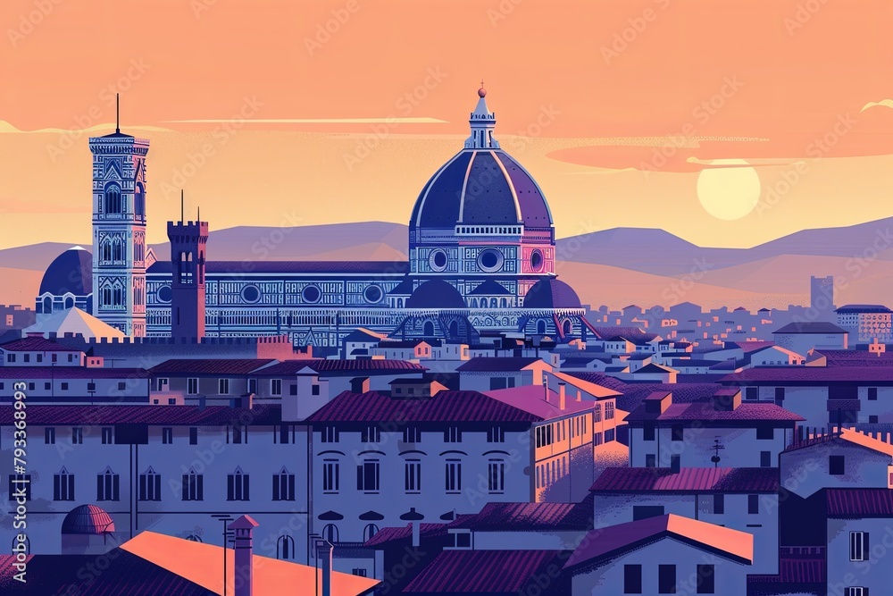 Serene sunset illustration of Florence's skyline, ideal for travel guides or Italian culture-themed projects.