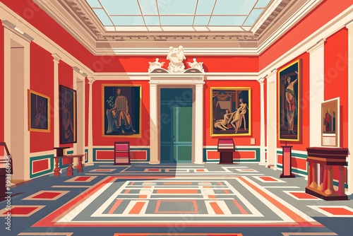 A stately art gallery hall adorned with classic paintings, suitable for historical and cultural themes.
