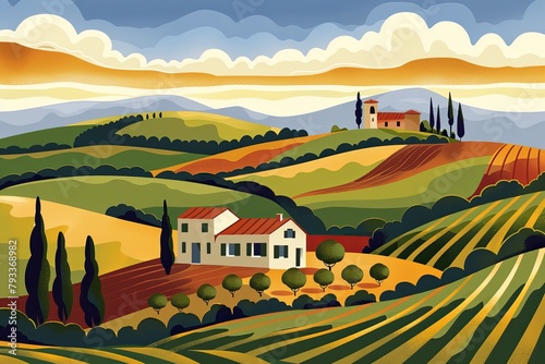 Stylized Tuscan landscape with rolling hills and cypress trees, perfect for travel promotion or wall art.