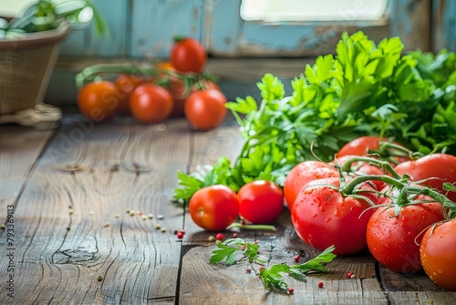 A variety of tomatoes and fresh greens laid out on a wooden surface, perfect for culinary websites or recipe book visuals.