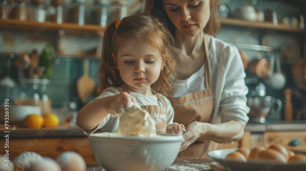 A young girl helps her mother cook in a home kitchen, stirring ingredients in a bowl. A young girl helps her mother cook in a home kitchen, stirring ingredients in a bowl.