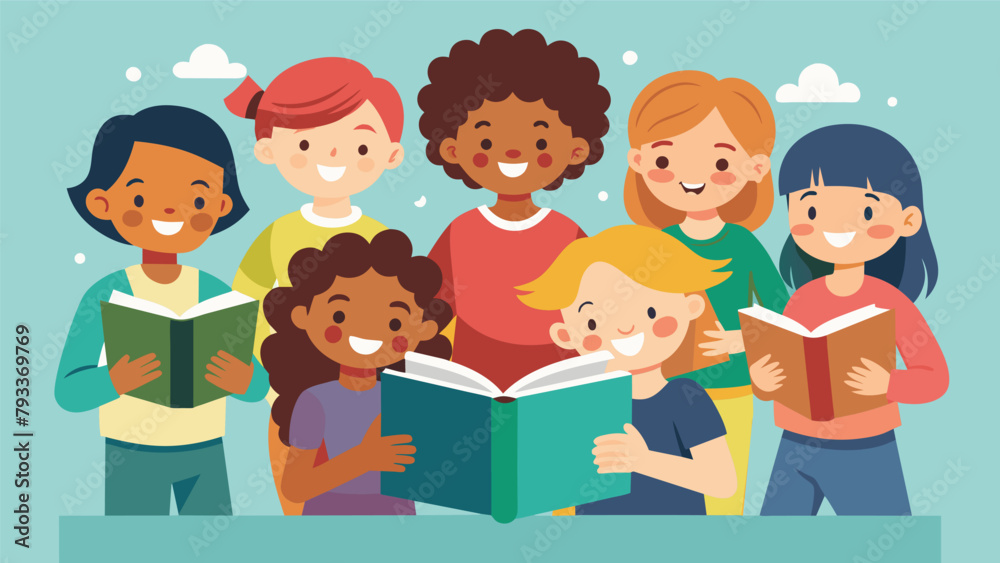 A group of children eagerly sharing their favorite books and series with each other bonding over their love of reading at the Reading A group of children eagerly sharing their favorite books and series with each other bonding over their love of reading at the Reading