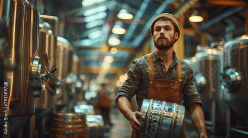 Young male brewer in apron carrying metal keg in a brewery with industrial equipment.