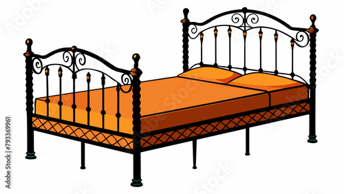 An ornate rusted iron bed frame now restored to its initial grandeur with a fresh coat of black paint and new handwoven caning for the headboard and.