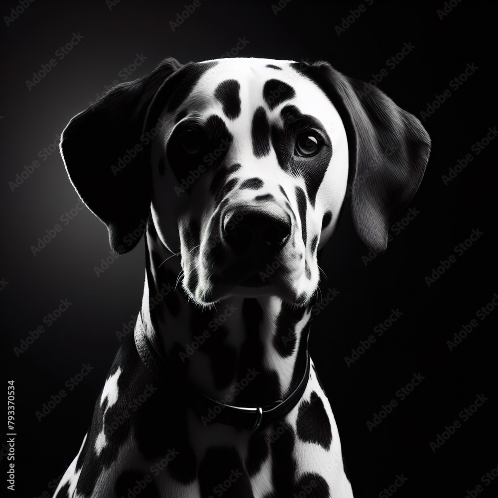 A Dalmatian in front portrait, with the rim light