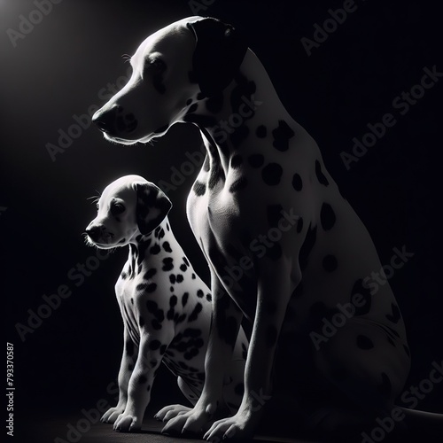 A Dalmatian mother and her baby  with the rim light. The background is black