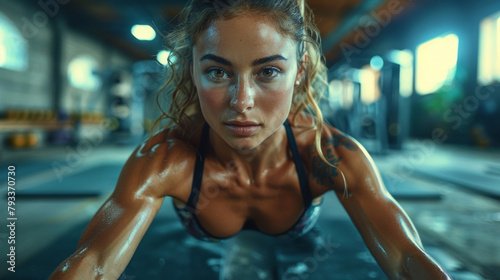 A muscular woman is performing a core exercise in a gym, focused and determined. © neatlynatly