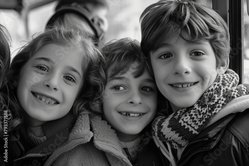 Happy children in the bus. Black and white photo. Selective focus.