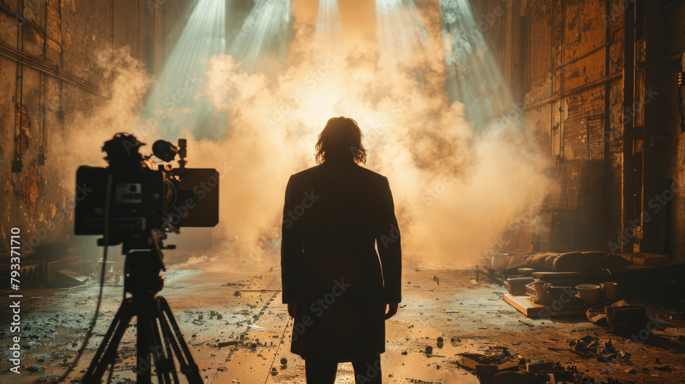 Fototapeta premium A silhouette of a person standing on a dimly lit set with beams of light filtering through smoke, beside a camera.