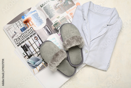 Grey slippers, pajamas and ...