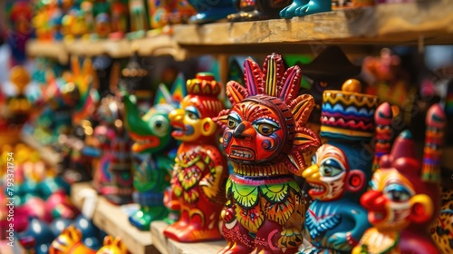 Vibrant Mexican toys are on display at a bustling market showcasing their traditional charm and colors © 2rogan