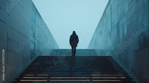 Silhouette of a person standing atop stairs between high walls, with a foggy, cinematic blue tone. photo