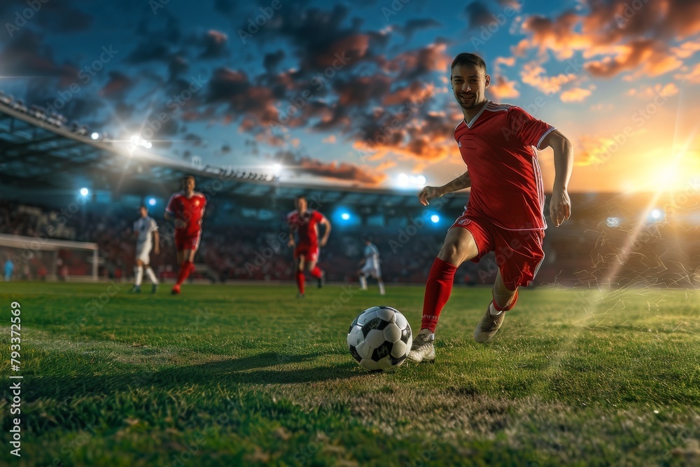 Dynamic soccer player dribbling the ball during a match at sunset with stadium background