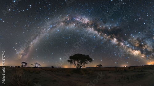 Epic Panoramic astrophotography of visible Milky Way galaxy. Stardust at night sky photo