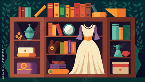 A secret room behind a bookshelf reveals a hidden collection of old family heirlooms including a wedding dress and antique jewelry.