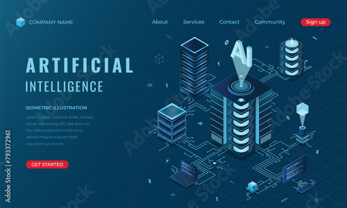 Isometric artificial Intelligence landing page concept. Machine learning technology. Digital technology website landing page. Vector illustration