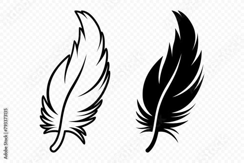 Vector Black and White Fluffy Feather Logo Icons. Silhouette Feather Set Closeup Isolated. Design Template of Flamingo, Angel, Bird Feather. Lightness and Freedom Concept