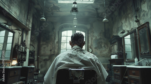 A person seated in a vintage barber chair surrounded by dimly lit, atmospheric decor.