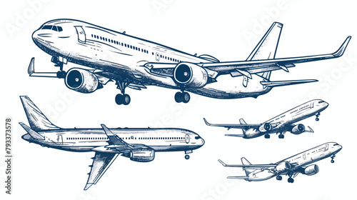 Jet airliner images set. Vector illustration. Hand drawn