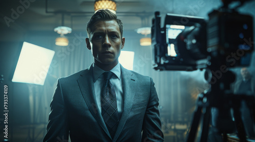 A confident businessperson standing in a cinematic setting with dramatic lighting and a film camera in the foreground. photo
