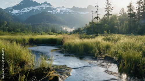 Mountain river creek among stones and trees in the middle reinforest in the morning photo