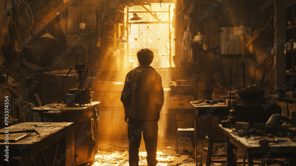 Silhouette of a person standing in a carpentry workshop with sunlight streaming through the door. Silhouette of a person standing in a carpentry workshop with sunlight streaming through the door.