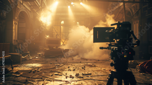 A cinematic film set with a camera in focus  atmospheric fog  bright lights  and scattered equipment