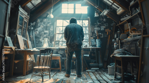 A man stands in a sunlit, cluttered workshop, gazing out of a large window amidst scattered tools and wooden creations.