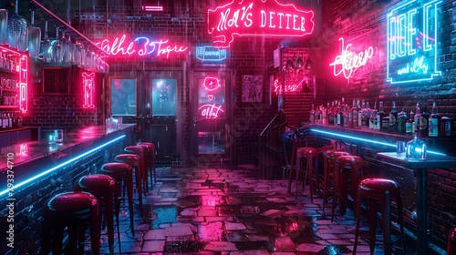 A neon bar with neon signs and red stools