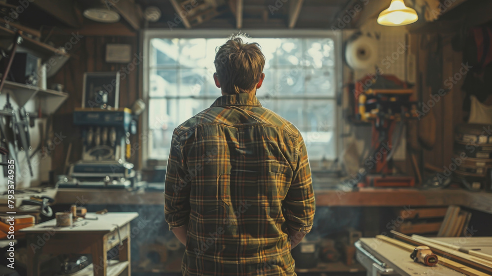 A person standing in a well-equipped carpentry workshop, looking at the tools ahead. A person standing in a well-equipped carpentry workshop, looking at the tools ahead.