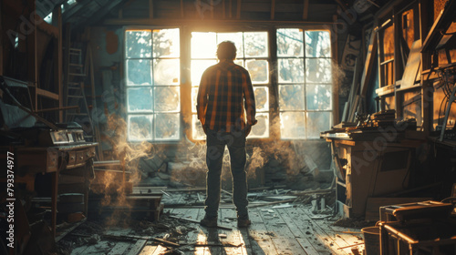 A person stands silhouetted in a sunlit, dusty workshop, hinting at a cinematic narrative.