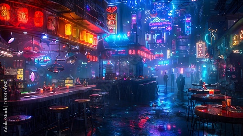 A neon cityscape with neon signs and a man walking down the street