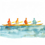 Minimalistic watercolor illustration of rowing on a white background, cute and comical.